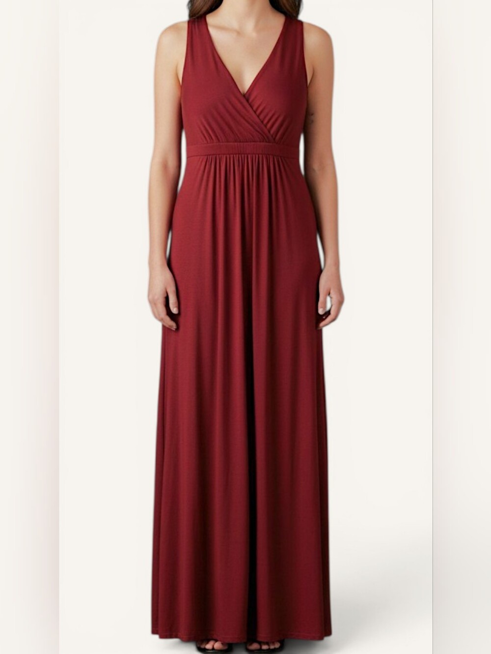 Matty M Red Maxi Dress Long Sleeveless V-Neck Small Womens Empire Waist Knit EUC
